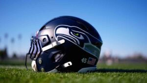 A Seattle Seahawks helmet is seen during an NFL Super Bowl football practice on Wednesday, Feb. 4, 2026, in San Jose, Calif., ahead of Super Bowl 60 between the New England Patriots and the Seattle Seahawks. (Brynn Anderson/AP)