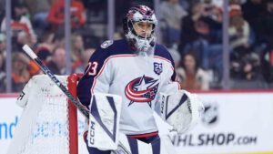 Columbus Blue Jackets' Jet Greaves plays during an NHL hockey game Tuesday, March 24, 2026, in Philadelphia. (Matt Slocum/AP)