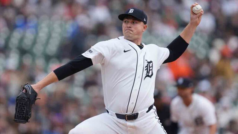 Detroit Tigers pitcher Tarik Skubal throws against the Miami Marlins during the first inning of a baseball game Sunday, April 12, 2026, in Detroit. (Paul Sancya/AP)
