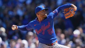 New York Mets starting pitcher Freddy Peralta (51) plays during a baseball game against the Chicago Cubs, Saturday, April 18, 2026, in Chicago. (Erin Hooley/AP)