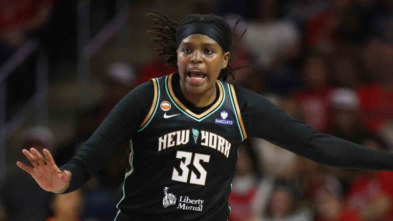 New York Liberty center Jonquel Jones (35) plays defense during a WNBA basketball game against the Washington Mystics, Sunday, May 10, 2026, in Washington. (Daniel Kucin Jr./AP)