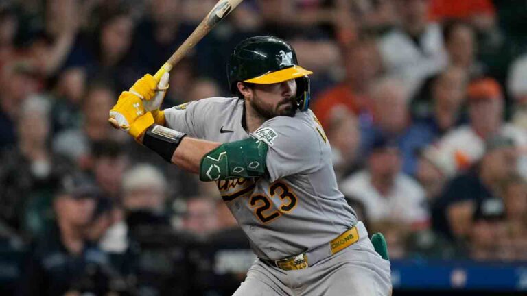 Athletics' Shea Langeliers bats against the Houston Astros during the fourth inning of a baseball game, Sunday, June 7, 2026, in Houston. (Eric Christian Smith/AP)