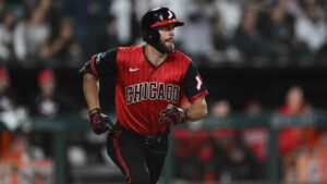 Chicago White Sox's Tristan Peters watches his grand slam home run during the sixth inning of a baseball game against the Kansas City Royals in Chicago, Friday, June 26, 2026. (Paul Beaty/AP)