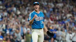 Milwaukee Brewers' Jacob Misiorowski reacts after striking out a Chicago Cubs batter during a baseball game Friday, June 26, 2026, in Milwaukee. (Aaron Gash/AP)