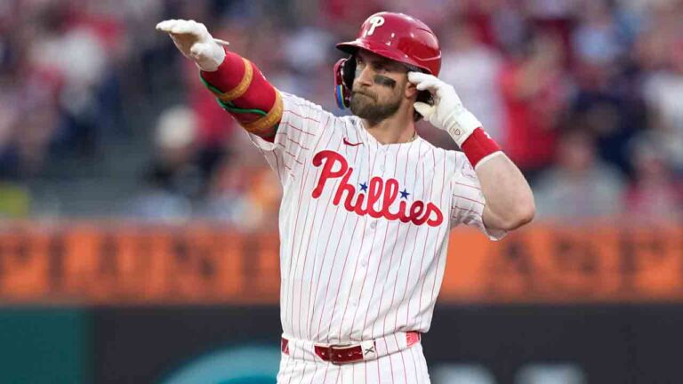 Philadelphia Phillies' Bryce Harper reacts after hitting a two-run double against Pittsburgh Pirates pitcher Paul Skenes during the fourth inning of a baseball game Wednesday, July 1, 2026, in Philadelphia. (Matt Slocum/AP)