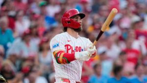 Philadelphia Phillies' Bryce Harper plays during a baseball game Monday, June 29, 2026, in Philadelphia. (Matt Slocum/AP)