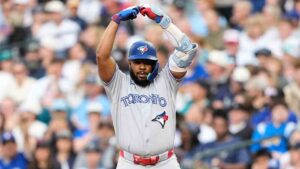 Toronto Blue Jays' Vladimir Guerrero Jr. reacts to hitting an RBI single against the Seattle Mariners during the third inning of a baseball game, Friday, July 3, 2026, in Seattle. (Lindsey Wasson/AP)