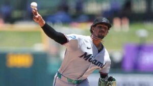 Miami Marlins pitcher Eury Pérez throws to an Athletics batter during the first inning of a baseball game Sunday, July 5, 2026, in West Sacramento, Calif. (Scott Marshall/AP)
