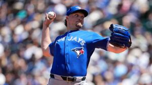 Toronto Blue Jays starting pitcher Trey Yesavage throws against the Seattle Mariners during the first inning of a baseball game, Sunday, July 5, 2026, in Seattle. (Lindsey Wasson/AP)