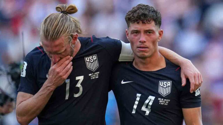 United States' Sebastian Berhalter, right, and Tim Ream react after the United States lost a World Cup round of 16 soccer match against Belgium in Seattle, Monday, July 6, 2026. (Abbie Parr/AP)