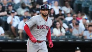 Boston Red Sox's Willson Contreras walks to first during the first inning of a baseball game against the Chicago White Sox in Chicago, Tuesday, July 7, 2026. (Nam Y. Huh/AP)