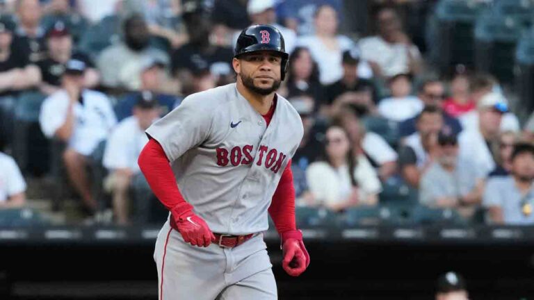 Boston Red Sox's Willson Contreras walks to first during the first inning of a baseball game against the Chicago White Sox in Chicago, Tuesday, July 7, 2026. (Nam Y. Huh/AP)