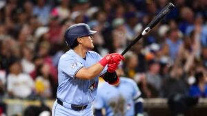 Toronto Blue Jays' Kazuma Okamoto watches his three-run home run against the Toronto Blue Jays in the fifth inning of a baseball game Friday, July 10, 2026, in San Diego. (Derrick Tuskan/AP)