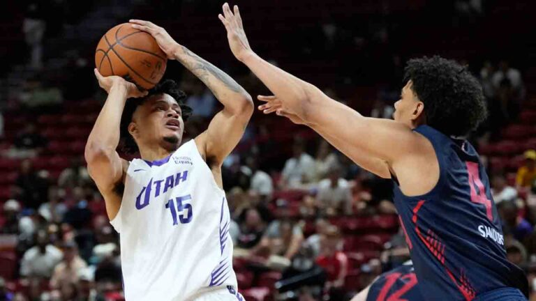 Utah Jazz's Trey Alexander shoots over LA Clippers' Kobe Sanders during the second half of an NBA Summer League basketball game Sunday, July 12, 2026, in Las Vegas. (John Locher/AP)