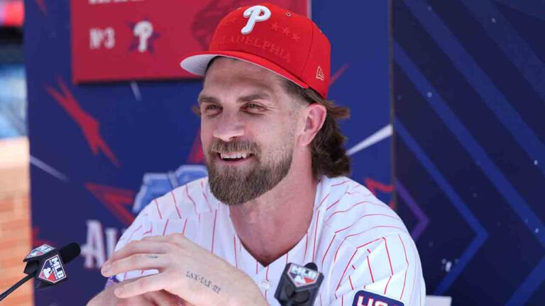 Philadelphia Phillies' Bryce Harper speaks with members of the media during the MLB baseball All-Star Week, Monday, July 13, 2026, in Philadelphia. (Matt Rourke/AP)