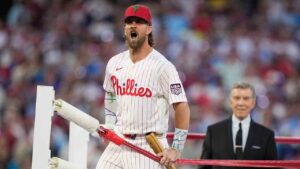 Philadelphia Phillies' Bryce Harper is introduced ahead of the MLB baseball All-Star Home Run Derby, Monday, July 13, 2026, in Philadelphia. (Matt Slocum/AP)