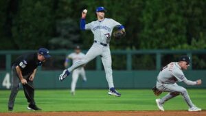 Toronto Blue Jays' Ernie Clement throws to first for an out by Los Angeles Dodgers' Andy Pages in the fifth inning during the MLB baseball All-Star Game between the American League and National League, Tuesday, July 14, 2026, in Philadelphia. (Matt Rourke/AP)