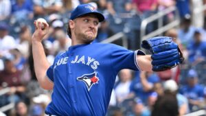 Toronto Blue Jays starting pitcher Trey Yesavage (39) throws to a Chicago White Sox batter during first inning MLB baseball action in Toronto on Sunday, July 19, 2026. THE CANADIAN PRESS/Jon Blacker