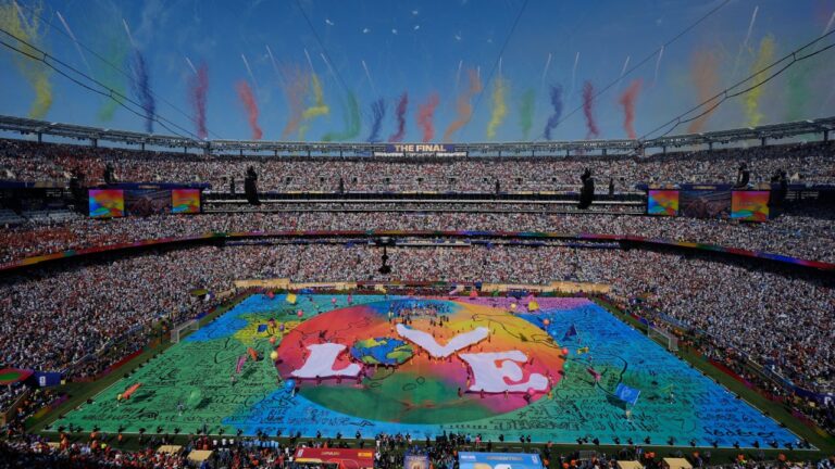 Artists perform at halftime of the World Cup final soccer match between Spain and Argentina in East Rutherford, N.J., near New York, Sunday, July 19, 2026. (AP Photo/Seth Wenig)
