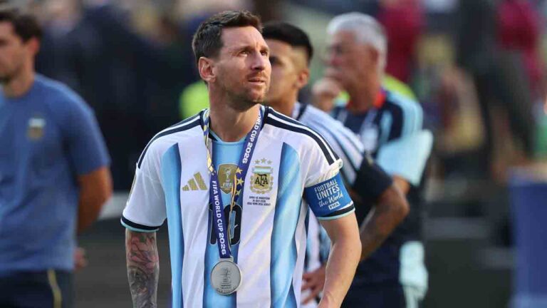 Argentina's Lionel Messi reacts after losing to Spain in the World Cup final soccer match between Spain and Argentina in East Rutherford, N.J., near New York, Sunday, July 19, 2026. (Pamela Smith/AP)