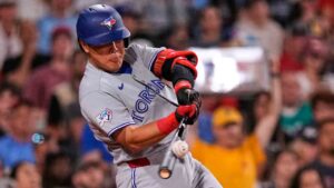 Toronto Blue Jays Kazuma Okamoto connects for a double in the fifth inning of a baseball game against the Boston Red Sox, Friday, July 24, 2026, in Boston. (Charles Krupa/AP)