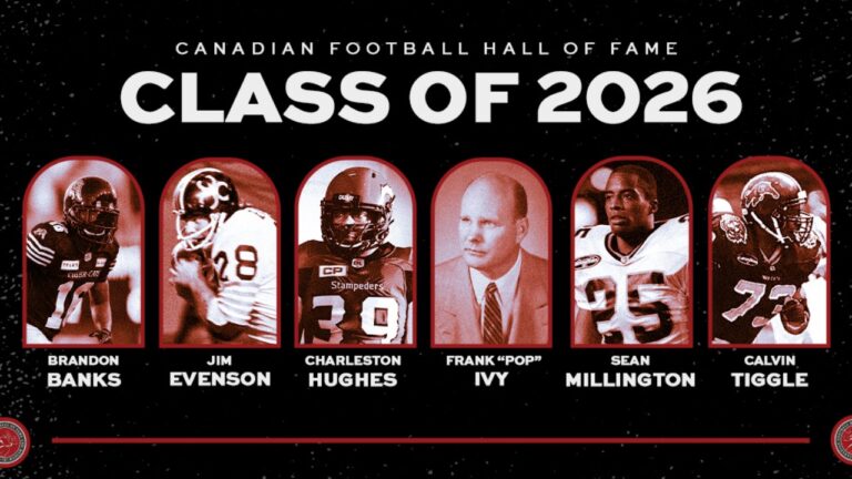 The Canadian Football Hall of Fame's class of 2026, Brandon Banks, Jim Evenson, Charleston Hughes, Frank "Pop" Ivy, Sean Millington and Calvin Tiggle are shown in this handout image. THE CANADIAN PRESS/Handout - CFL (Mandatory Credit)