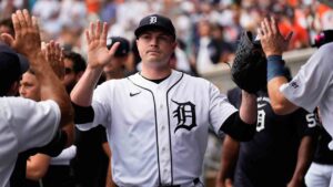 Detroit Tigers pitcher Tarik Skubal is congratulated by teammates after being pulled in the seventh inning of a baseball game against the Baltimore Orioles Wednesday, July 29, 2026, in Detroit. (Paul Sancya/AP)
