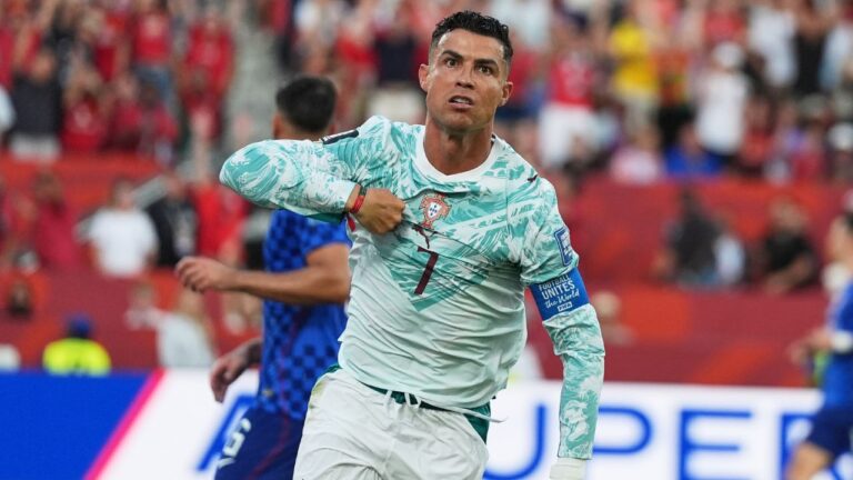 Portugal's Cristiano Ronaldo celebrates after scoring a goal that was disqualified for offside against Croatia during the World Cup round of 32 soccer match in Toronto, Thursday, July 2, 2026. (Stephanie Scarbrough/AP)