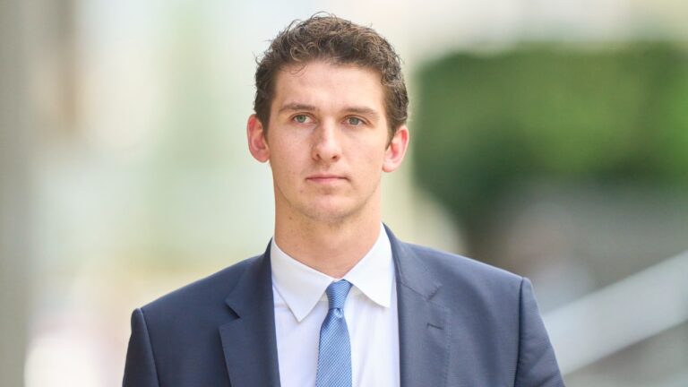 Cal Foote leaves the courthouse in London, Ontario on Friday, May 2, 2025.The sexual assault trial of five former members of Canada’s world junior hockey team continued today. (Geoff Robins/CP)
