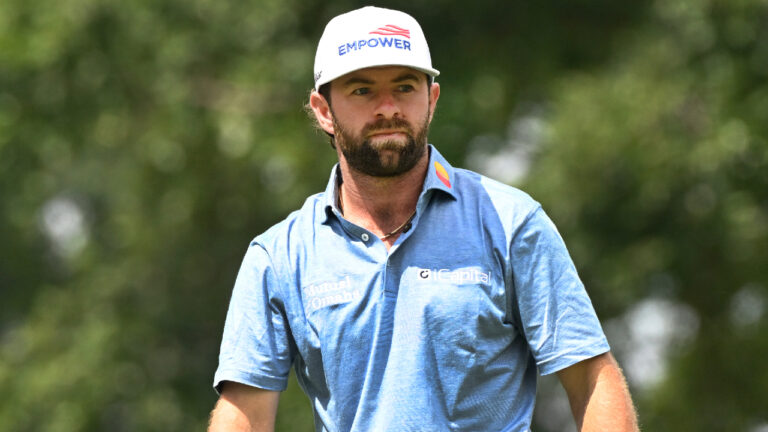 Cameron Young watches his shot from the ninth tee during the first round of the Rocket Classic golf tournament at the Detroit Golf Club, Thursday, July 30, 2026, in Detroit. (Jose Juarez/AP)