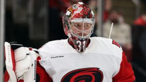 Carolina Hurricanes goaltender Frederik Andersen (31) reacts during the second period of an NHL hockey game against the New Jersey Devils, Saturday, Jan. 17, 2026, in Newark, N.J. (Adam Hunger/AP)