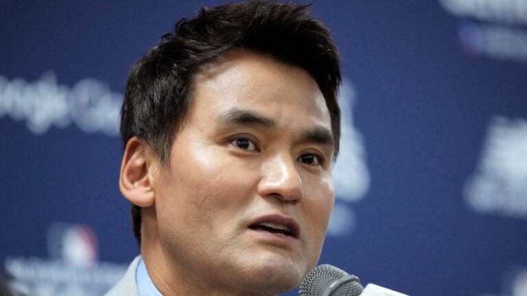 Chan Ho Park speaks during a press conference at the Gocheok Sky Dome ahead of a game between the Los Angeles Dodgers and the San Diego Padres for the MLB World Tour Seoul Series in Seoul, South Korea, on March 20, 2024. (Lee Jin-man/AP)