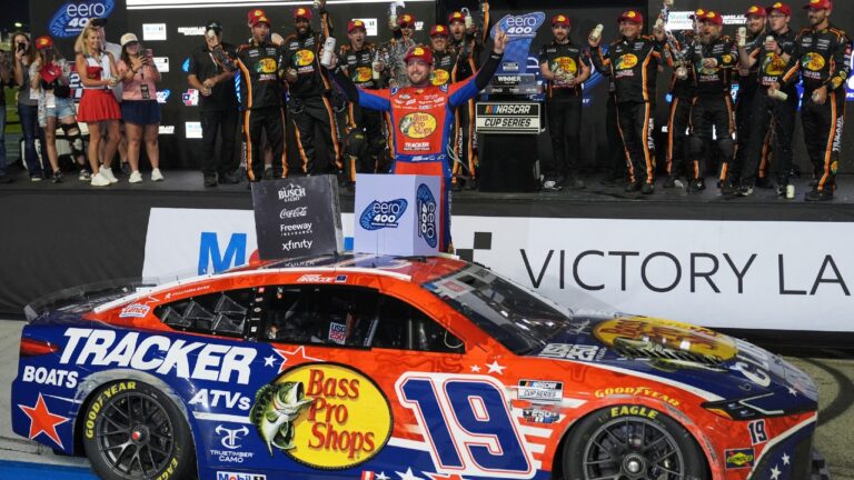 Chase Briscoe (19) celebrates with his crew in Victory Lane after winning a NASCAR Cup Series Eero 400 auto race at Chicagoland Speedway in Joliet, Ill., Sunday, July 5, 2026. (Nam Y. Huh/AP)