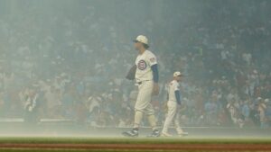 Chicago Cubs pitcher Shota Imanaga stands amidst smoke after fireworks before a baseball game against the St. Louis Cardinals, Saturday, July 4, 2026, in Chicago. (David Banks/AP)
