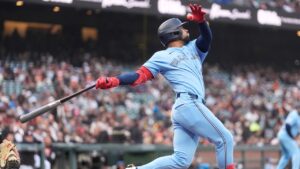 Toronto Blue Jays' Jonatan Clase watches his three-run home run against the San Francisco Giants during the second inning of a baseball game Tuesday, July 7, 2026, in San Francisco. (Jeff Chiu/AP)