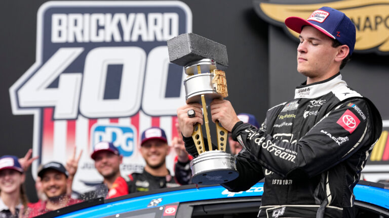 Corey Heim celebrates after winning a NASCAR Cup Series auto race at Indianapolis Motor Speedway in Indianapolis, Sunday, July 26, 2026. (Michael Conroy/AP)