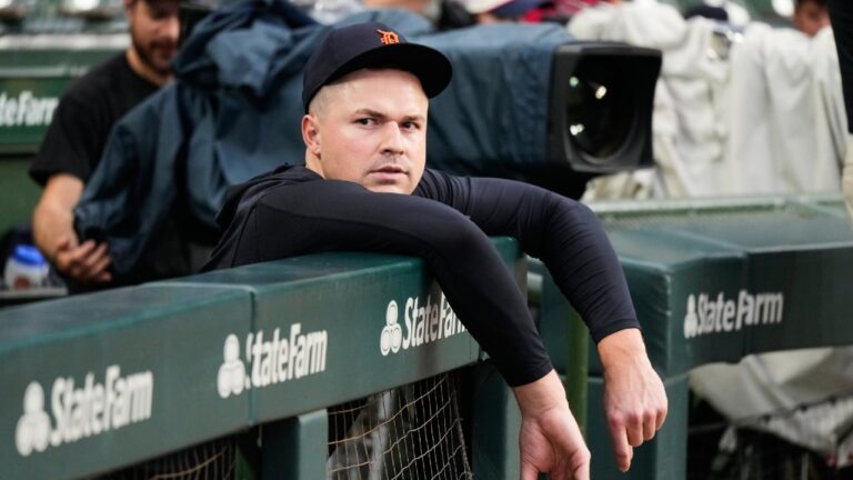 Detroit Tigers pitcher Tarik Skubal looks to the field before a baseball game against the Chicago Cubs in Chicago, Monday, July 20, 2026. (Nam Y. Huh/AP)