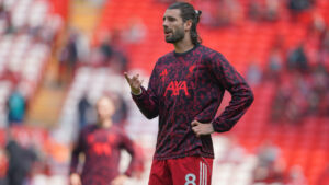Liverpool's Dominik Szoboszlai warms up for the Premier League soccer match between Liverpool and Chelsea in Liverpool, England, Saturday, May 9, 2026. (Ian Hodgson/AP)