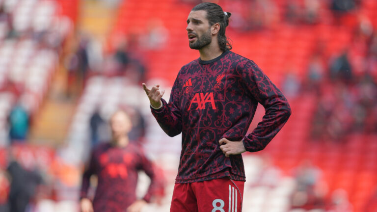 Liverpool's Dominik Szoboszlai warms up for the Premier League soccer match between Liverpool and Chelsea in Liverpool, England, Saturday, May 9, 2026. (Ian Hodgson/AP)
