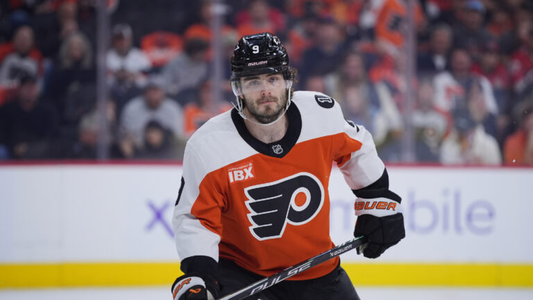Philadelphia Flyers' Jamie Drysdale plays during Game 4 in a second-round NHL hockey Stanley Cup playoff series Saturday, May 9, 2026, in Philadelphia. (Matt Slocum/AP)