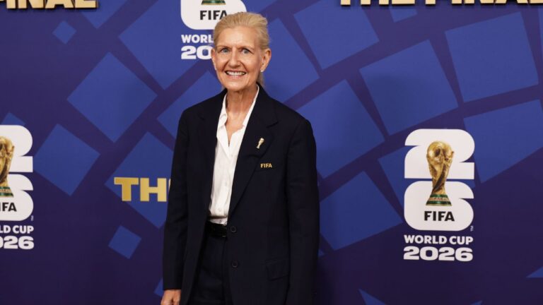 Debbie Hewitt arrives before the World Cup final soccer match between Spain and Argentina in East Rutherford, N.J., near New York, Sunday, July 19, 2026. (Adam Hunger/AP)