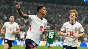 England's Jude Bellingham (10) celebrates after scoring his second goal during the World Cup round of 16 soccer match between Mexico and England in Mexico City, Sunday, July 5, 2026. (Natacha Pisarenko/AP)