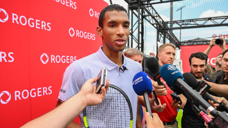 Canada's Felix Auger-Aliassime speaks to the media ahead of the National Bank Open tennis tournament in Montreal, on Thursday, July 30, 2026. (Graham Hughes/CP)