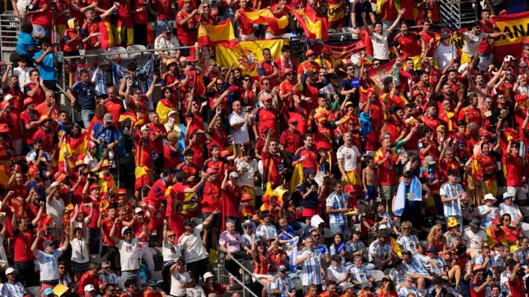 Spain fans watch the World Cup final soccer match between Spain and Argentina in East Rutherford, N.J., near New York, Sunday, July 19, 2026. (Seth Wenig/AP)