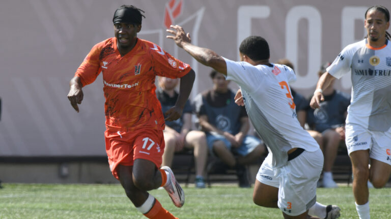 Forge FC’s Hoce Massunda (17) battles CS Saint-Laurent’s Cedric Toussaint (3) during first half Canadian Championship quarterfinal soccer action in Hamilton on Sunday, July 12, 2026. (Barry Gray/CP)