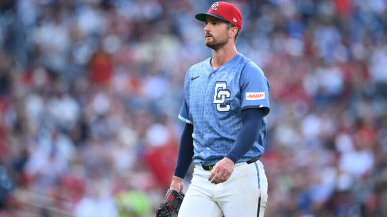 Washington Nationals pitcher Foster Griffin walks back to the dugout during a baseball game against the Arizona Diamondbacks, Saturday, July 25, 2026, in Washington. (Nick Wass/AP)