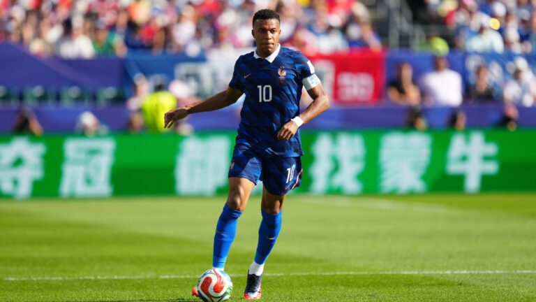 France's Kylian Mbappe in action during the World Cup round of 16 soccer match between Paraguay and France in Philadelphia, Saturday, July 4, 2026. (Derik Hamilton/AP)