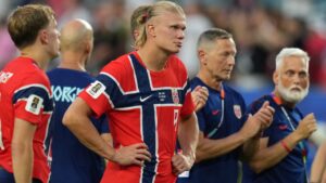 Norway's Erling Haaland reacts after the World Cup quarterfinal soccer match against England in Miami Gardens, Fla., Saturday, July 11, 2026. (AP Photo/Lynne Sladky)
