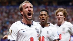 England's Harry Kane (9) celebrates after scoring his side's first goal during the World Cup round of 32 soccer match between England and Congo in Atlanta, Wednesday, July 1, 2026. (AP Photo/Butch Dill)