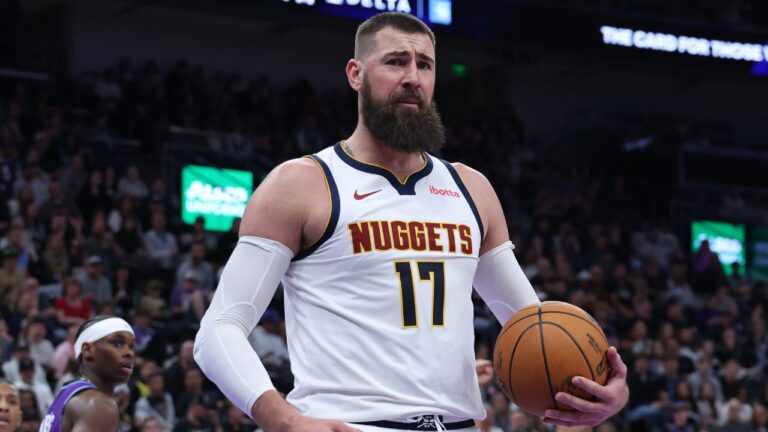 Denver Nuggets centre Jonas Valanciunas reacts after a play against the Utah Jazz during the second half of an NBA basketball game, Wednesday, April 1, 2026, in Salt Lake City. (Rob Gray/AP)
